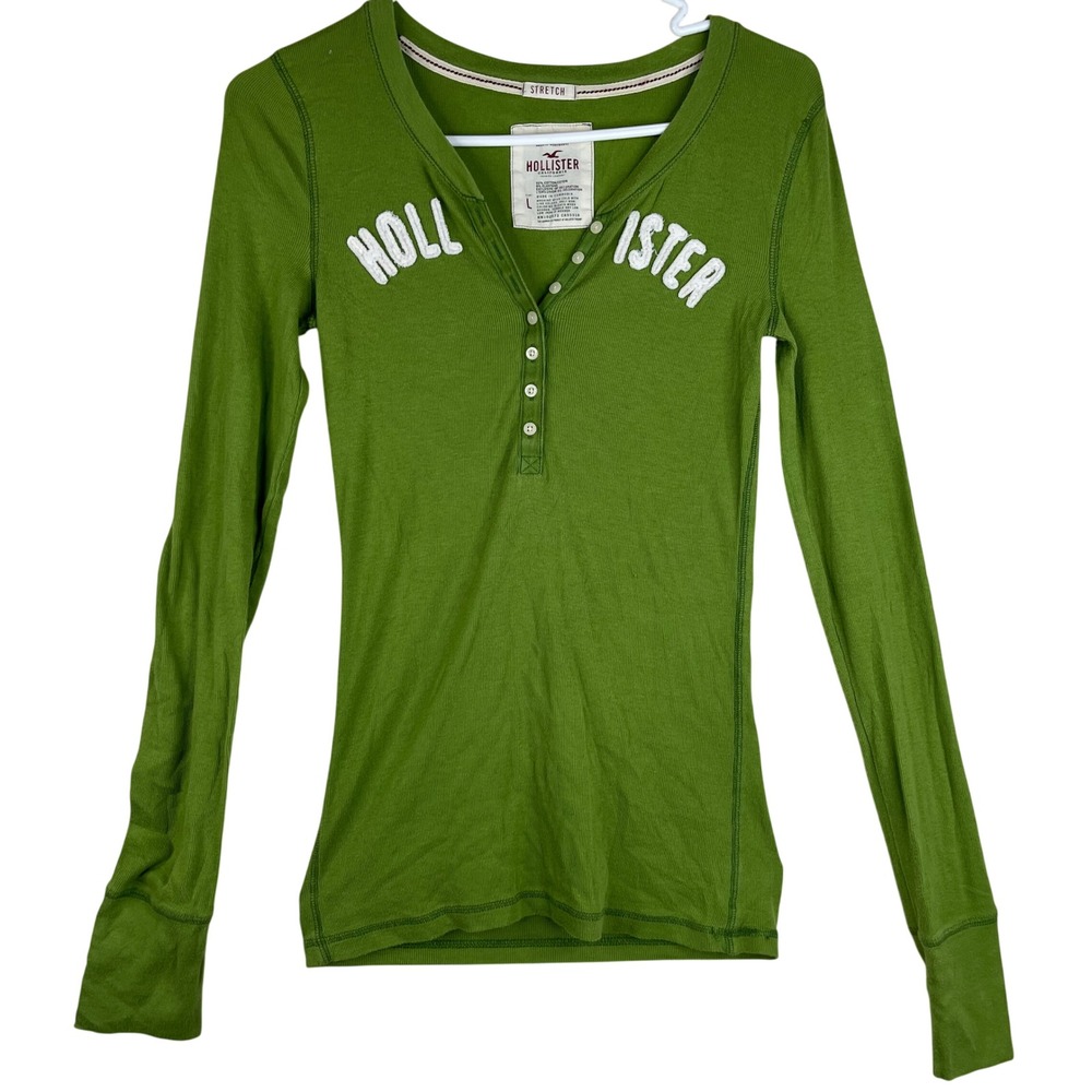 Hollister Henley Top Womens L Green Ribbed Long Sleeve Stretch Logo Y2K